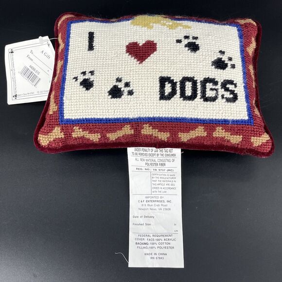 Needlepoint I Love Dog Spell Out Wool/Velvet Red Art Mini Pillow Decor - Picture 5 of 9